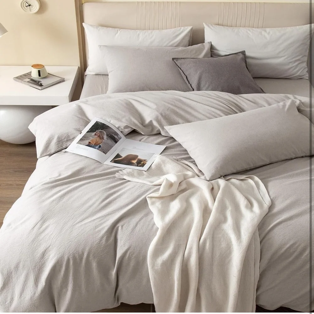JIYUAN 100% Washed Cotton Duvet Cover Set 2 Pieces Twin Heather Grey 68x90